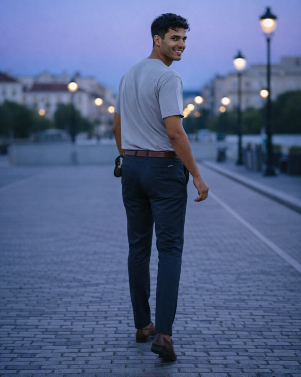 Man walking on a street at dusk with buildings and streetlights in the background