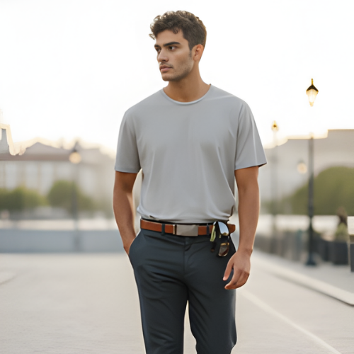 Man wearing a gray t-shirt and dark pants standing outdoors with a blurred background