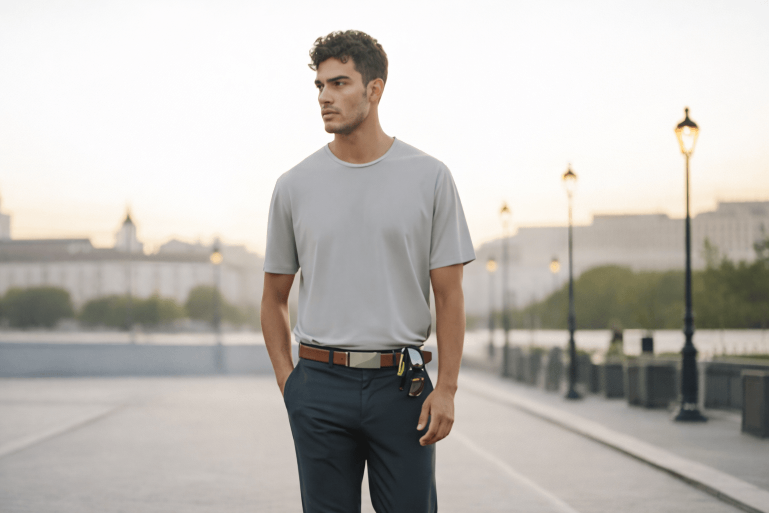 Man standing on a city street with a blurred background