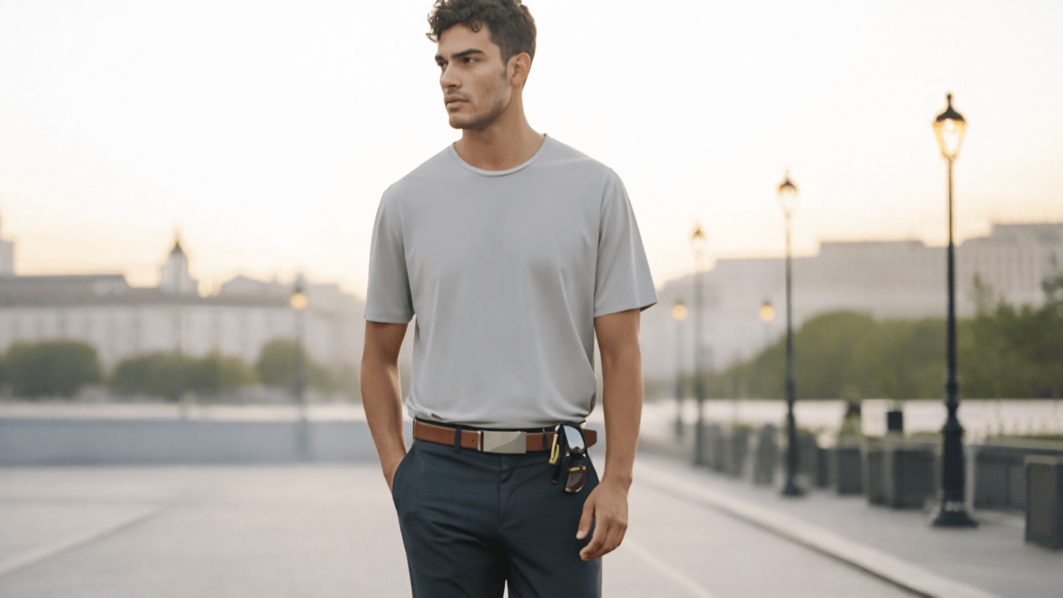 Man wearing a gray t-shirt and dark pants standing on a street with buildings and trees in the background.